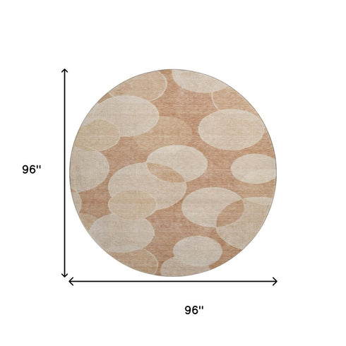 8' Coral And Peach Geometric Washable Round Rug With UV Protection