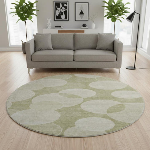 8' Tan And Beige Geometric Washable Round Rug With UV Protection
