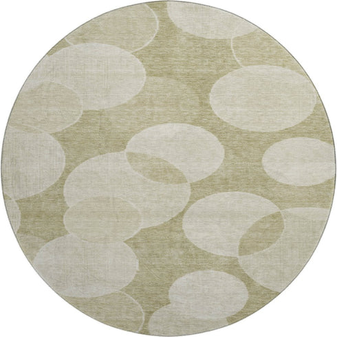 8' Tan And Beige Geometric Washable Round Rug With UV Protection