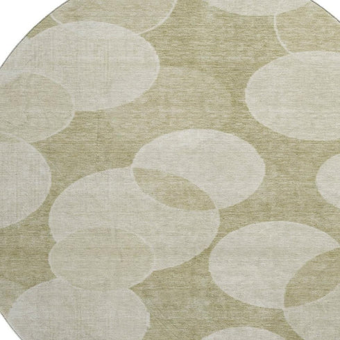 8' Tan And Beige Geometric Washable Round Rug With UV Protection