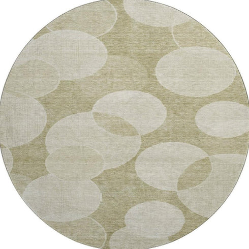 8' Tan And Beige Geometric Washable Round Rug With UV Protection