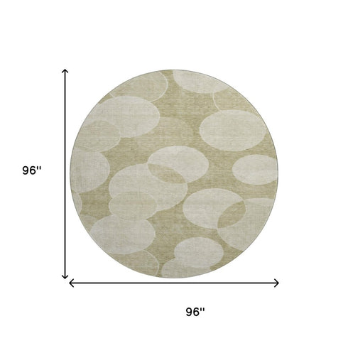 8' Tan And Beige Geometric Washable Round Rug With UV Protection