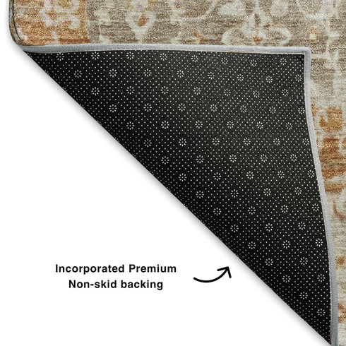 9' X 12' Brown Gold And Orange Oriental Washable Area Rug With UV Protection