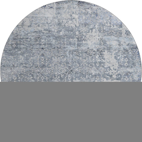 8' Denim Blue And Ivory Oriental Washable Round Rug With UV Protection