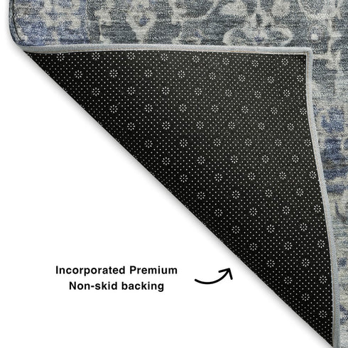 8' Denim Blue And Ivory Oriental Washable Round Rug With UV Protection