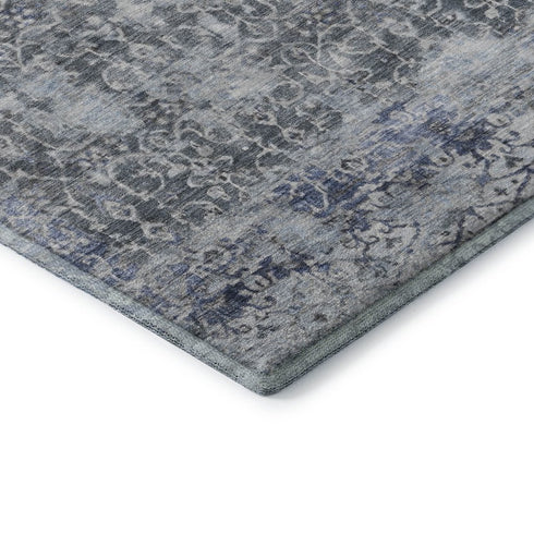 8' Denim Blue And Ivory Oriental Washable Round Rug With UV Protection