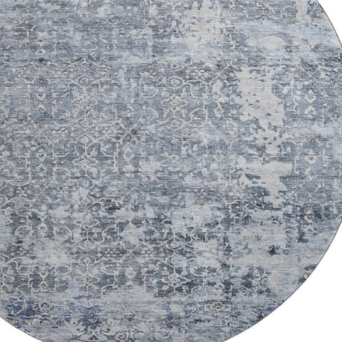 8' Denim Blue And Ivory Oriental Washable Round Rug With UV Protection