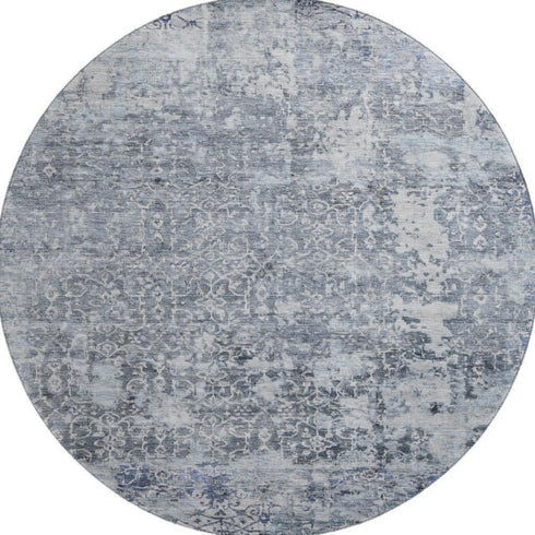 8' Denim Blue And Ivory Oriental Washable Round Rug With UV Protection