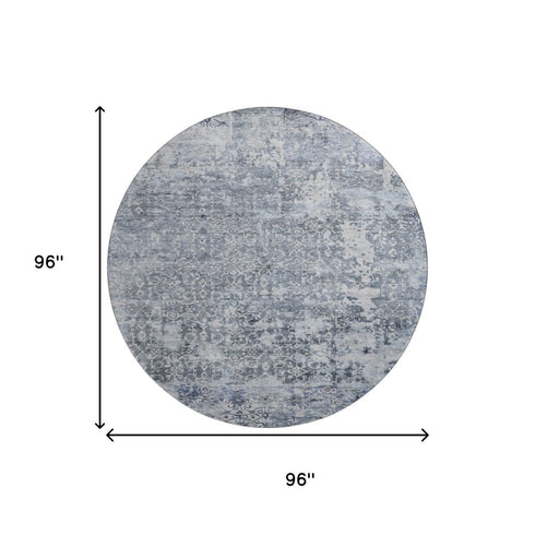 8' Denim Blue And Ivory Oriental Washable Round Rug With UV Protection