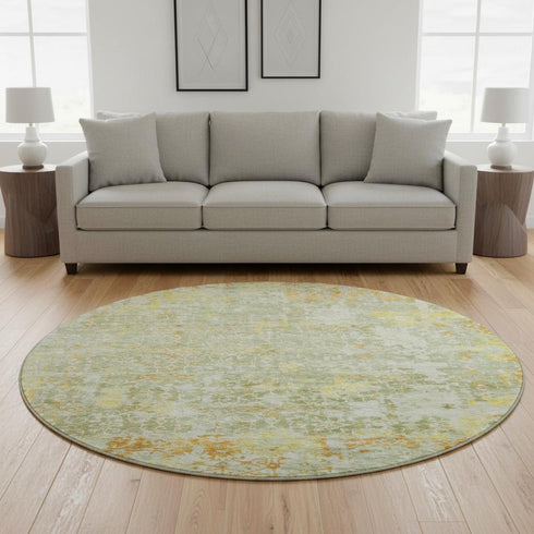 8' Sage Gold And Copper Oriental Washable Round Rug With UV Protection