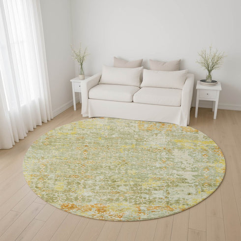 8' Sage Gold And Copper Oriental Washable Round Rug With UV Protection