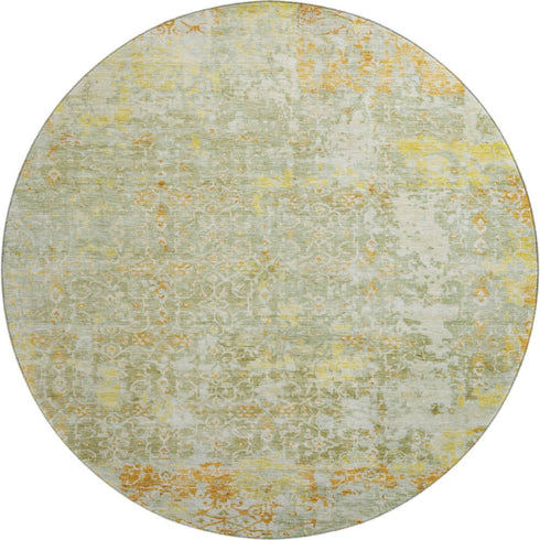 8' Sage Gold And Copper Oriental Washable Round Rug With UV Protection