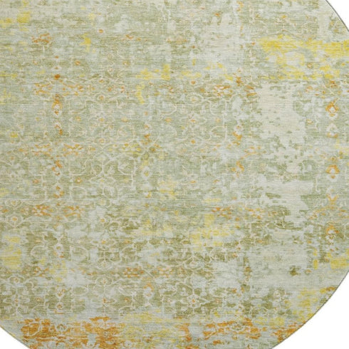 8' Sage Gold And Copper Oriental Washable Round Rug With UV Protection