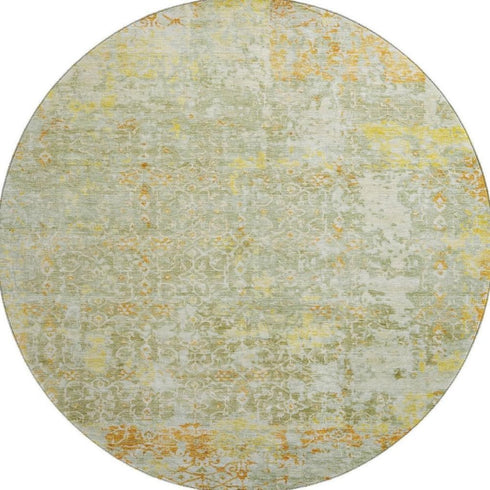 8' Sage Gold And Copper Oriental Washable Round Rug With UV Protection