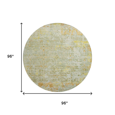 8' Sage Gold And Copper Oriental Washable Round Rug With UV Protection