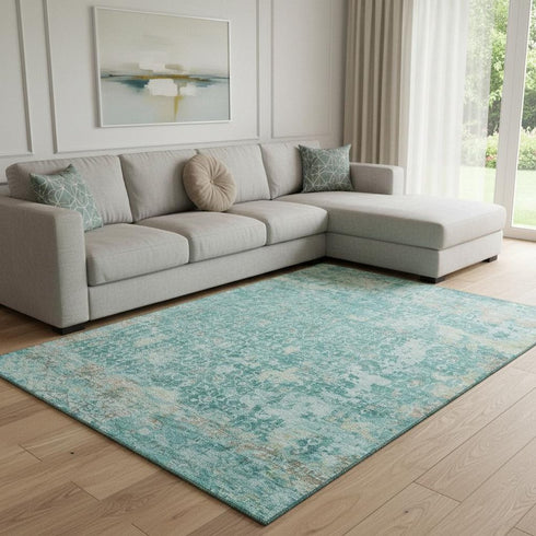 8' X 10' Teal Gray And Taupe Oriental Washable Area Rug With UV Protection