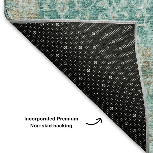 8' X 10' Teal Gray And Taupe Oriental Washable Area Rug With UV Protection