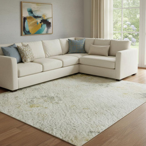 8' X 10' Beige Gold And Ivory Abstract Washable Area Rug With UV Protection