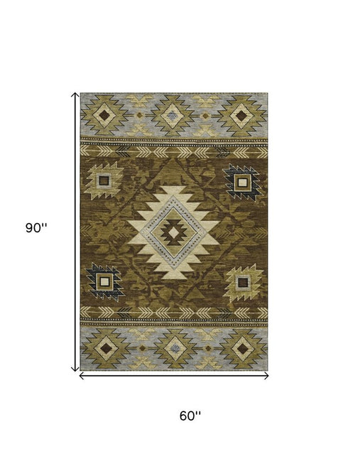 5' X 8' Brown Beige And Charcoal Geometric Washable Area Rug With UV Protection