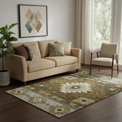 5' X 8' Brown Beige And Charcoal Geometric Washable Area Rug With UV Protection