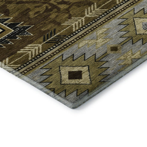 5' X 8' Brown Beige And Charcoal Geometric Washable Area Rug With UV Protection