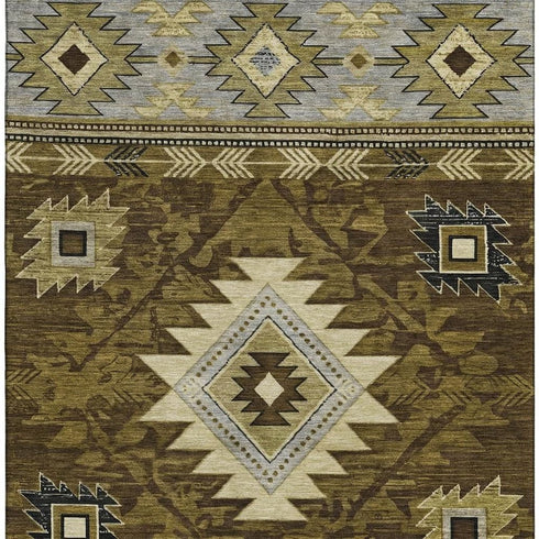 5' X 8' Brown Beige And Charcoal Geometric Washable Area Rug With UV Protection