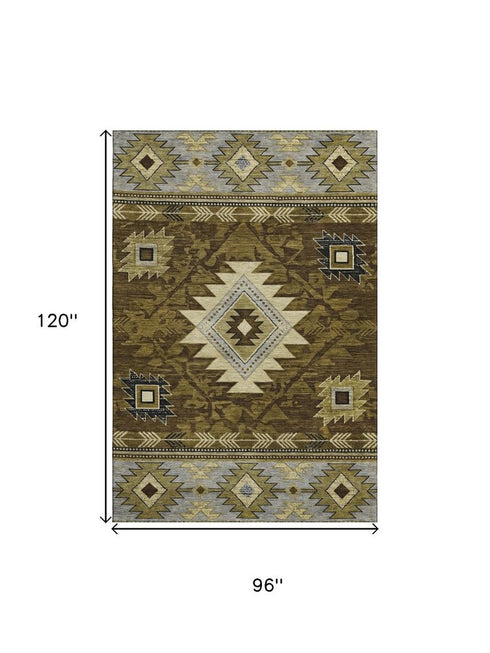 8' X 10' Brown Beige And Charcoal Geometric Washable Area Rug With UV Protection