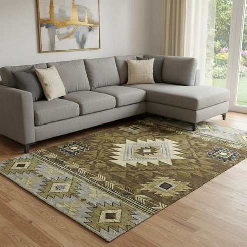 8' X 10' Brown Beige And Charcoal Geometric Washable Area Rug With UV Protection