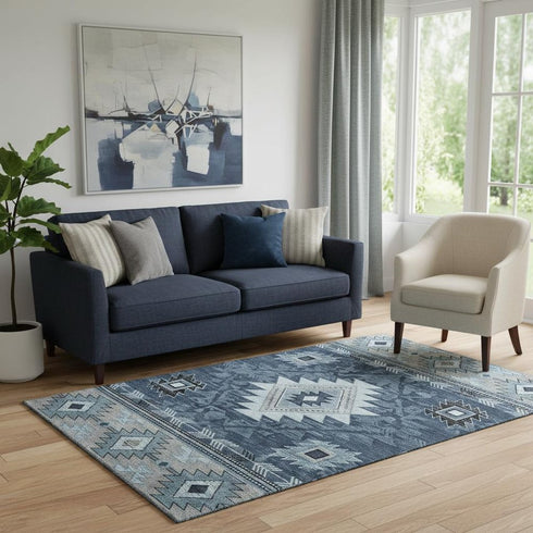 5' X 8' Blue Charcoal And Gray Geometric Washable Area Rug With UV Protection