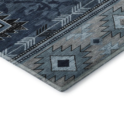 5' X 8' Blue Charcoal And Gray Geometric Washable Area Rug With UV Protection