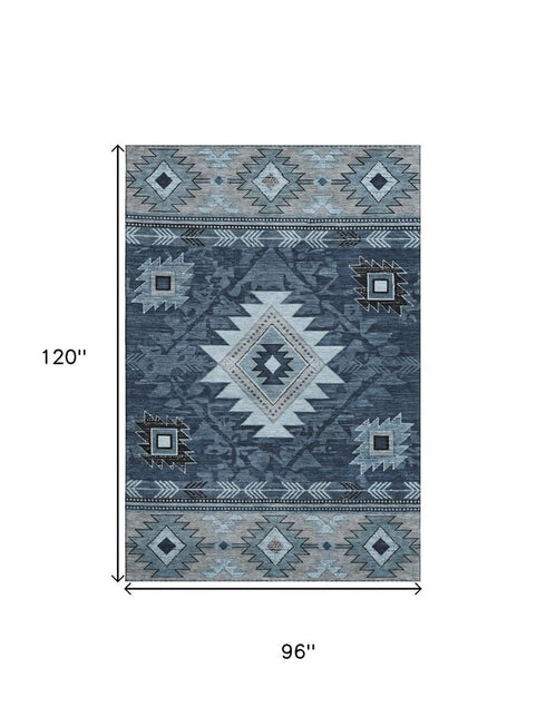 8' X 10' Blue Charcoal And Gray Geometric Washable Area Rug With UV Protection