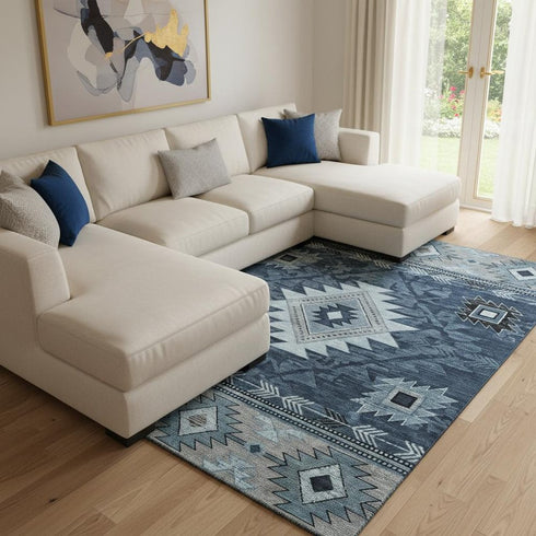 8' X 10' Blue Charcoal And Gray Geometric Washable Area Rug With UV Protection