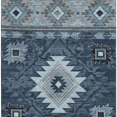 8' X 10' Blue Charcoal And Gray Geometric Washable Area Rug With UV Protection