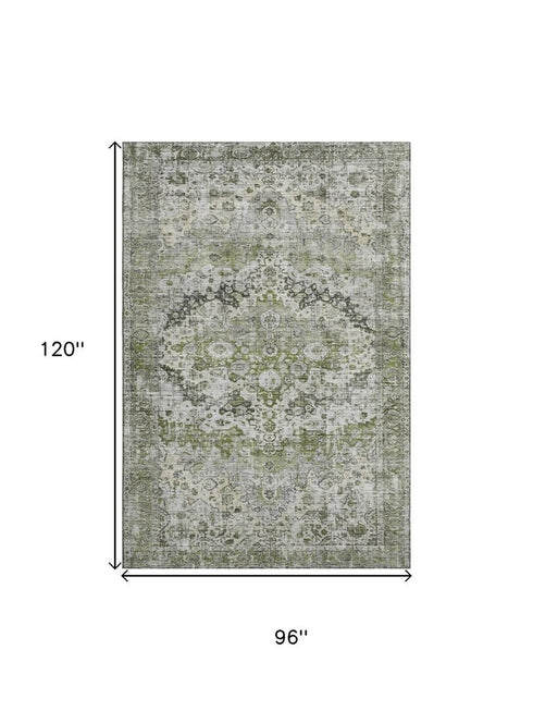 8' X 10' Artichoke Green Gray And Charcoal Oriental Washable Area Rug With UV Protection