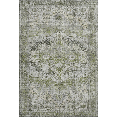 8' X 10' Artichoke Green Gray And Charcoal Oriental Washable Area Rug With UV Protection