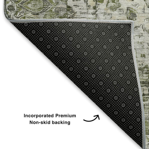 8' X 10' Artichoke Green Gray And Charcoal Oriental Washable Area Rug With UV Protection