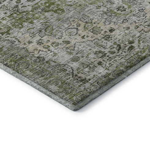 8' X 10' Artichoke Green Gray And Charcoal Oriental Washable Area Rug With UV Protection