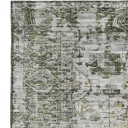 8' X 10' Artichoke Green Gray And Charcoal Oriental Washable Area Rug With UV Protection