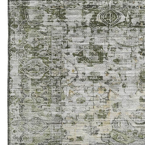8' X 10' Artichoke Green Gray And Charcoal Oriental Washable Area Rug With UV Protection