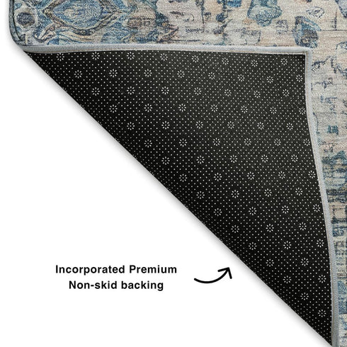 5' X 8' Blue Beige And Teal Oriental Washable Area Rug With UV Protection