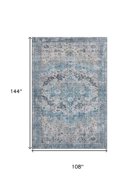 9' X 12' Blue Beige And Teal Oriental Washable Area Rug With UV Protection