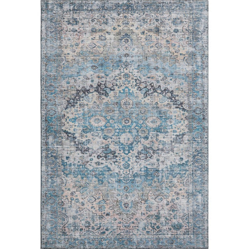 9' X 12' Blue Beige And Teal Oriental Washable Area Rug With UV Protection