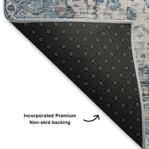 9' X 12' Blue Beige And Teal Oriental Washable Area Rug With UV Protection