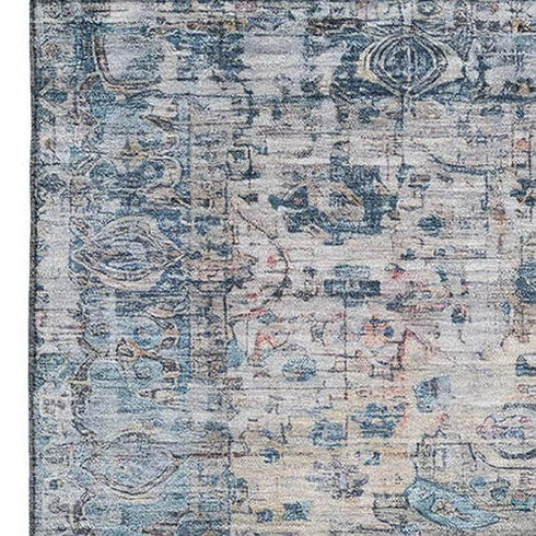9' X 12' Blue Beige And Teal Oriental Washable Area Rug With UV Protection