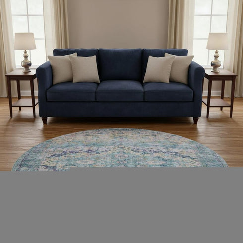 8' Denim Blue Beige And Wheat Oriental Washable Round Rug With UV Protection
