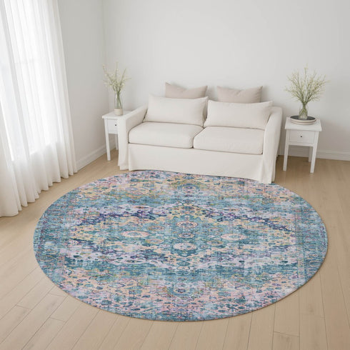 8' Denim Blue Beige And Wheat Oriental Washable Round Rug With UV Protection