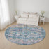 8' Denim Blue Beige And Wheat Oriental Washable Round Rug With UV Protection