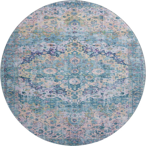 8' Denim Blue Beige And Wheat Oriental Washable Round Rug With UV Protection