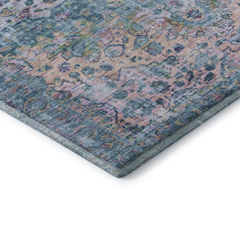 8' Denim Blue Beige And Wheat Oriental Washable Round Rug With UV Protection