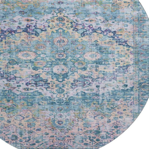8' Denim Blue Beige And Wheat Oriental Washable Round Rug With UV Protection